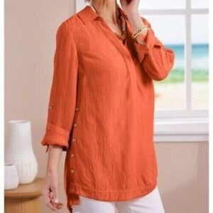 Soft Surroundings Sorano Gauze Tunic Size Large Hot Coral Roll Tab Sleeve